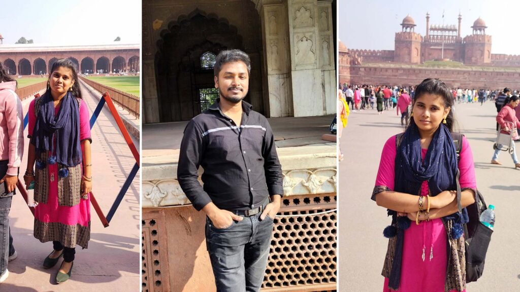 Tahamina Molla in a pink kurta standing at the Red Fort in Delhi, flanked by Asgar Molla posing against a marble archway.