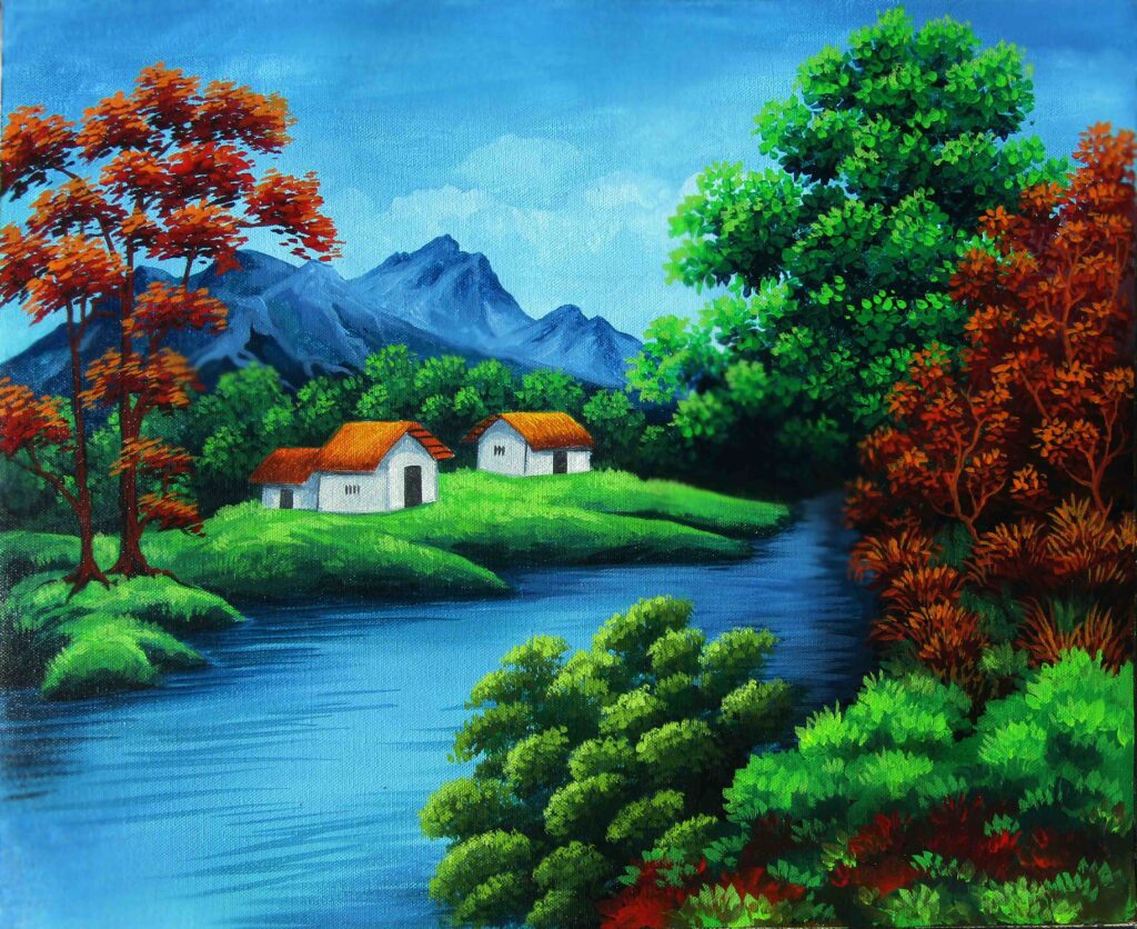 A colorful landscape painting of a serene riverside village with small houses, lush green trees, vibrant red foliage, and distant blue mountains under a clear blue sky.