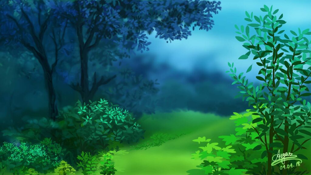 A lush green forest scene painted digitally with Photoshop, signed by Asgar Molla.