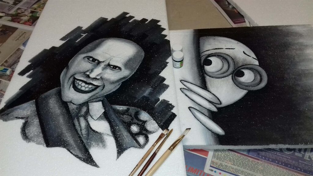 Black and white acrylic paintings by Asgar Molla, featuring a sinister grinning man and a wide-eyed cartoon face peeking from the shadows.