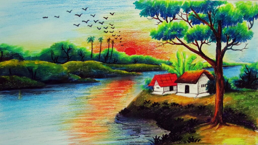 Colorful sunset landscape with riverside houses, a big tree, and birds flying over lush greenery.