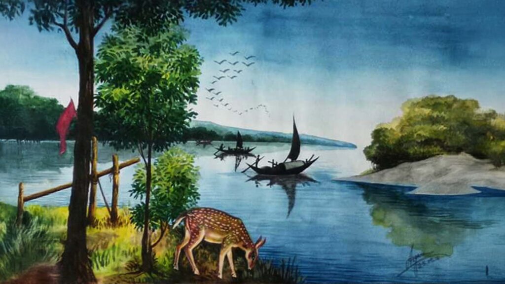 A peaceful riverside scene with a grazing deer, sailboats on calm water, and lush trees under a blue sky.