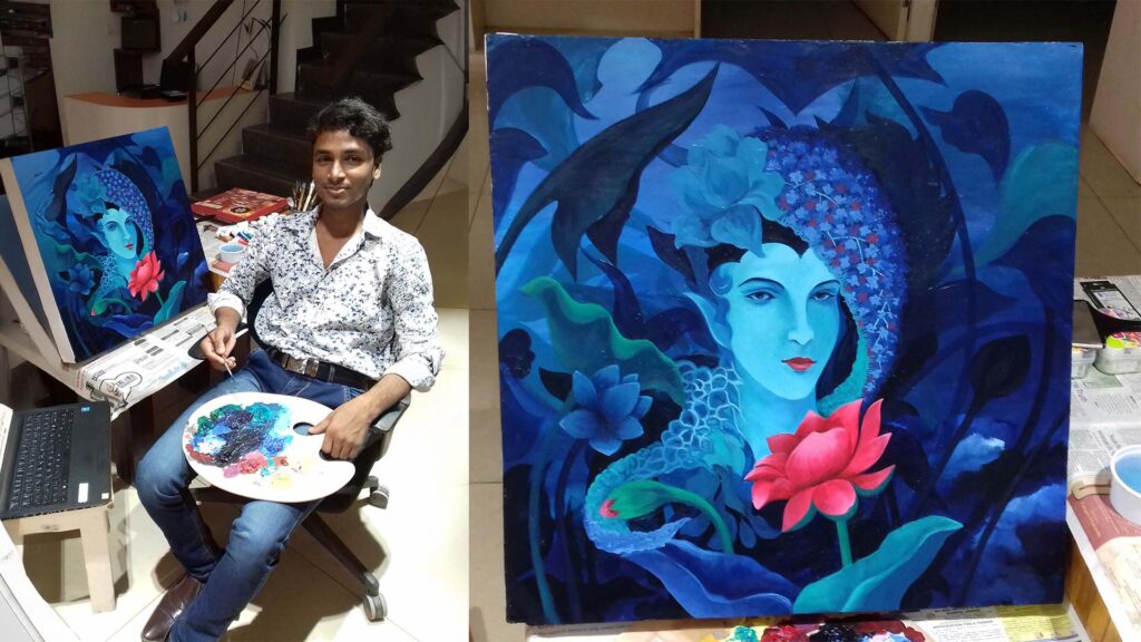 Asgar Molla sitting beside his vibrant acrylic painting of a surreal woman with floral and aquatic elements in blue tones.