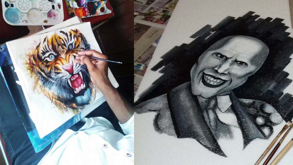 Side-by-side artworks: a hand-painting of a roaring tiger in watercolor and a monochromatic portrait of a grinning man on textured paper.