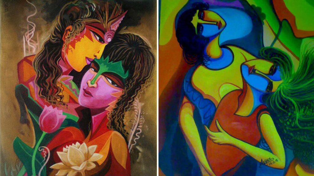 Two colorful abstract paintings portraying stylized human figures in emotional and romantic expressions, created in a cubist-inspired style.