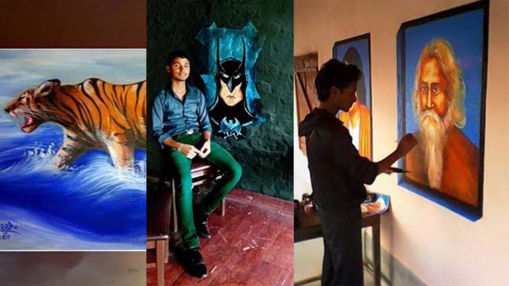 A collage showing a young artist with his paintings: a roaring tiger, a Batman mural, and a portrait of Rabindranath Tagore being painted.