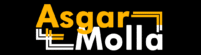 Logo design featuring the name Asgar Molla in bold yellow and white text with geometric line accents