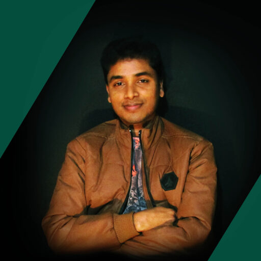 Portrait of Asgar Molla wearing a brown winter jacket, arms crossed, with a dark artistic background and green geometric accents.