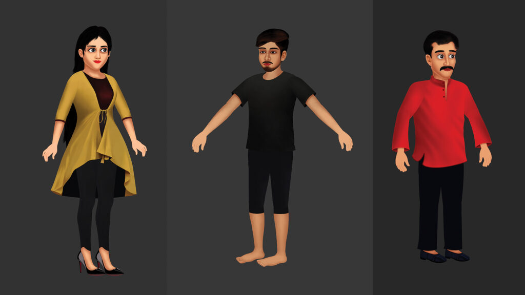 3 stylized 2D animated characters: a modern woman, a young man in casual wear, and a middle-aged man in traditional attire.