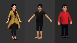 3 stylized 2D animated characters: a modern woman, a young man in casual wear, and a middle-aged man in traditional attire.