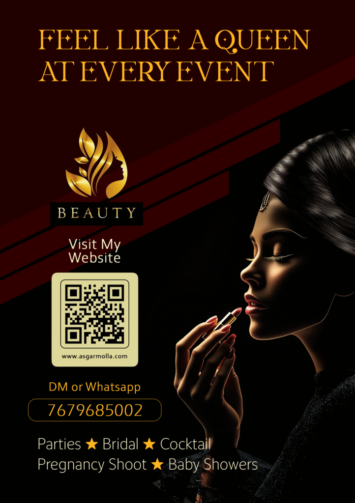 Beauty salon promotional flyer with a glamorous woman applying lipstick, contact details, QR code, and service offerings.