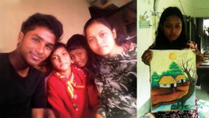 Asgar Molla with children and Bhaswati Patra holding a colorful village painting.