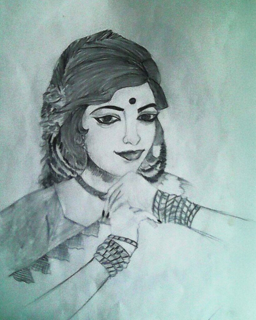 A pencil sketch of an elegant Indian woman with expressive eyes, wearing traditional bangles, a bindi, and a soft smile.