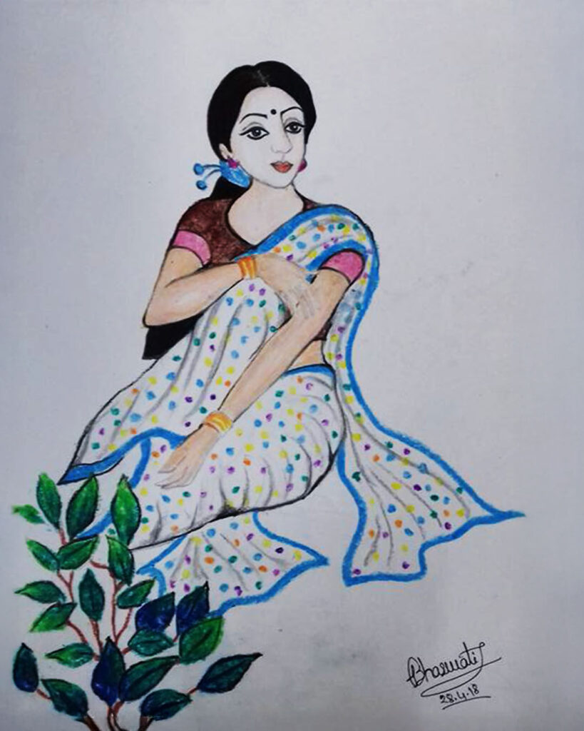 A colorful drawing of an Indian woman in a white saree with multicolored dots and blue borders, sitting gracefully near a plant.