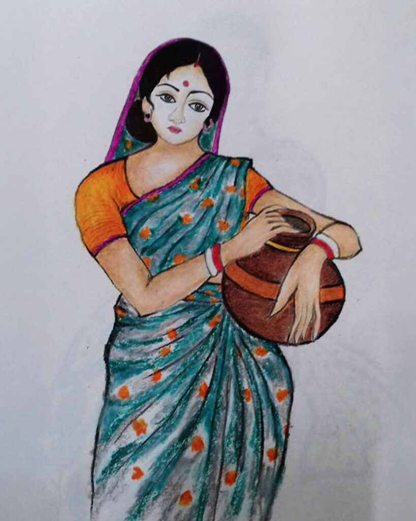 A hand-drawn Indian woman in a teal saree with orange floral patterns, holding an earthen pot against her hip.
