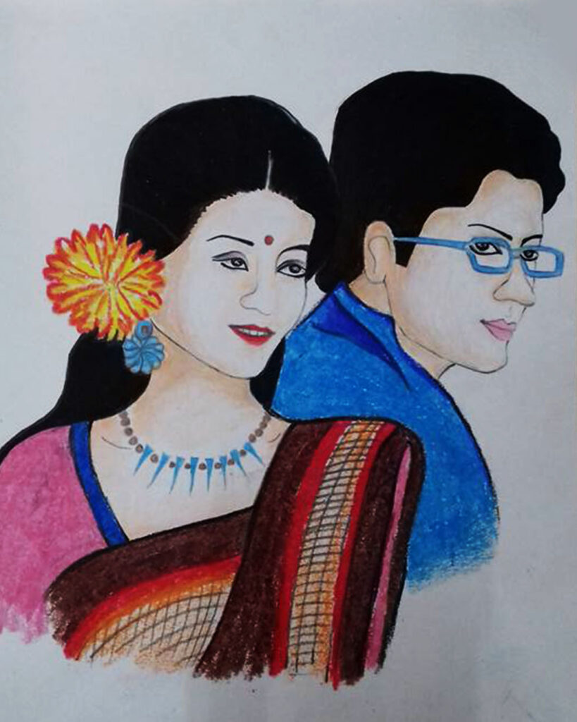 A hand-drawn portrait of a smiling Indian woman with a flower in her hair standing close beside a man in glasses, both in colorful traditional attire.