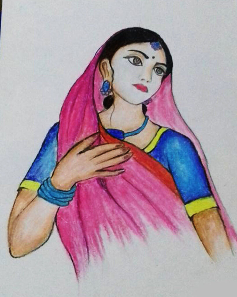 A drawing of an Indian woman in a pink and blue saree, wearing matching jewelry, looking thoughtfully to the side.