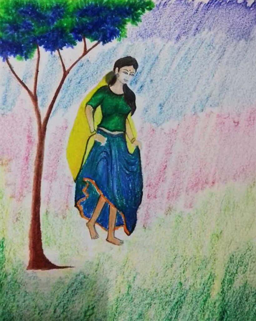 A barefoot woman in a green blouse and blue skirt walks under a tree on a grassy field, with a colorful sky in the background.