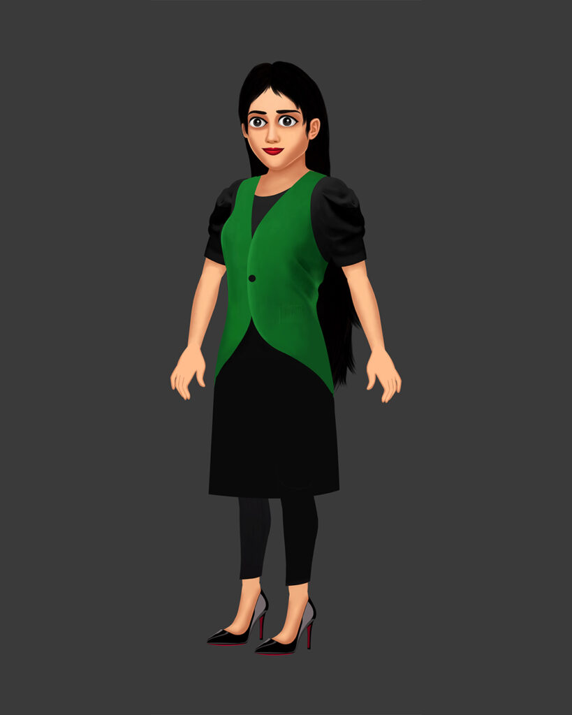 Free 2D G3 female character in black dress and green jacket for animation
