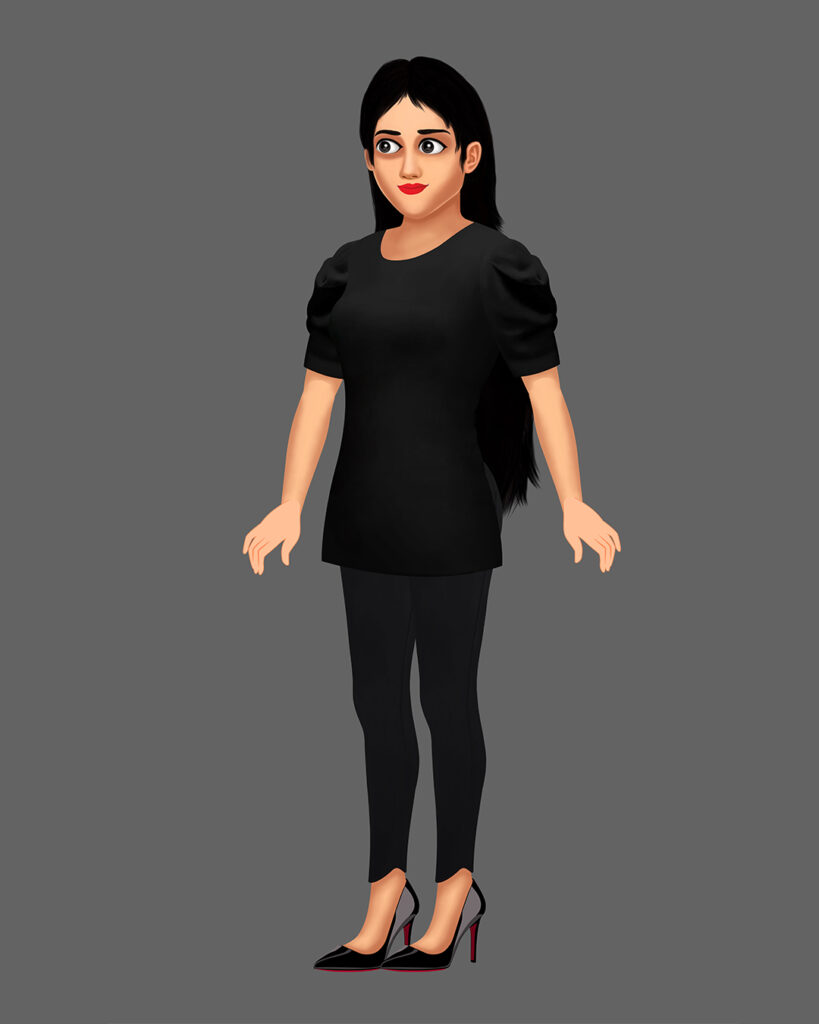 Free 2D G3 female character in black dress for animation and cartoon videos