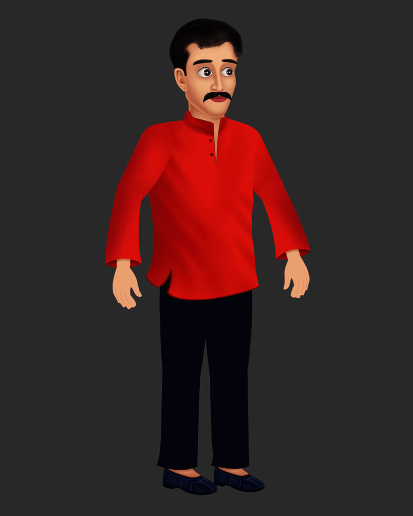 Free 2D G3 adult male character in red kurta and black pants for cartoon animation