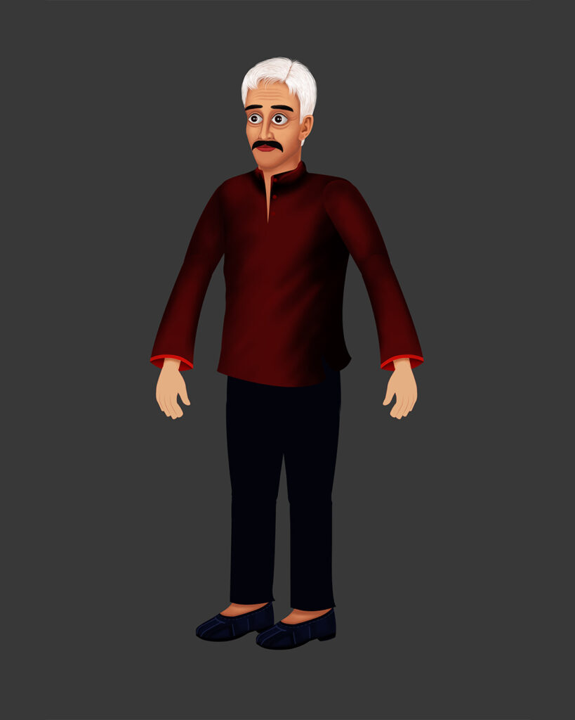 Free 2D G3 elderly male cartoon character in red kurta and formal shoes for animation
