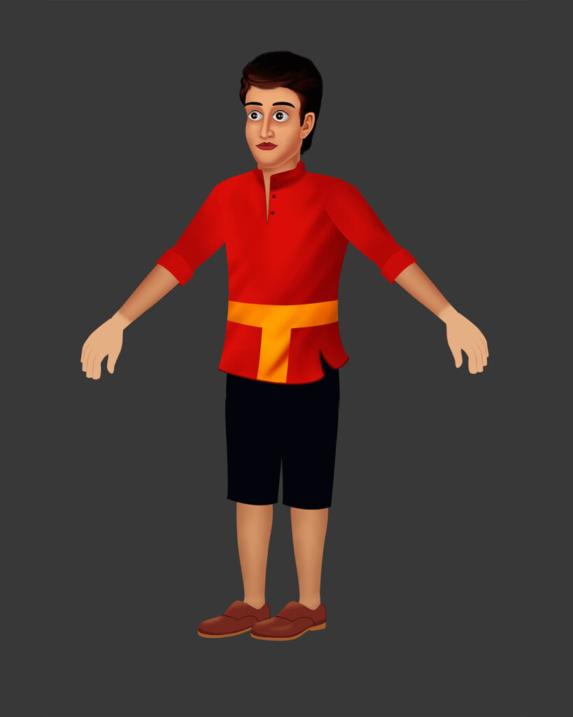 Free 2D G3 male cartoon character in red kurta and black shorts for animation