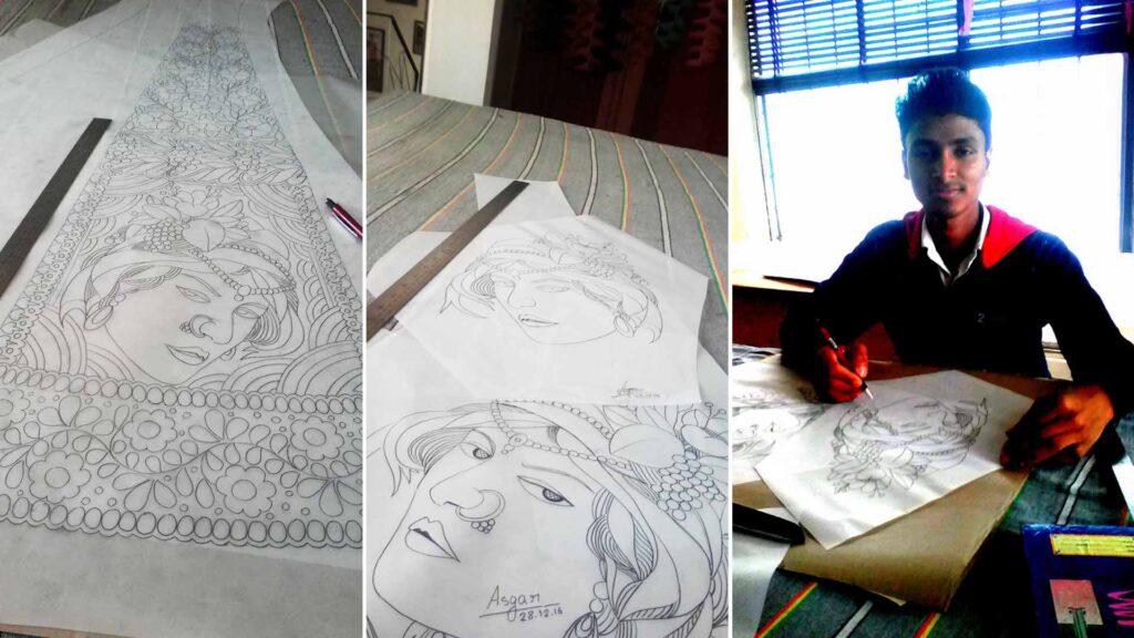 Hand-drawn khaka design showing a woman's portrait with floral patterns, created by embroidery artist Asgar Molla in a boutique setup.