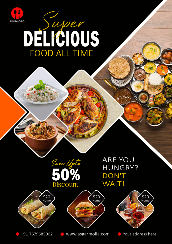 Colorful food flyer showcasing a variety of delicious dishes with discount offers.