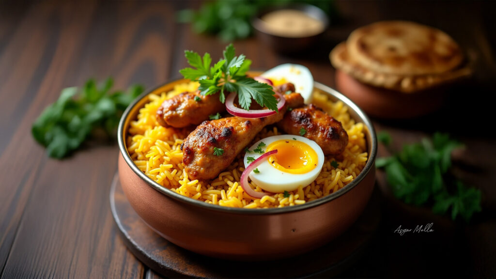 Indian chicken biryani served in a copper bowl with grilled chicken drumsticks, soft-boiled egg, sliced onion, and fresh coriander garnish.