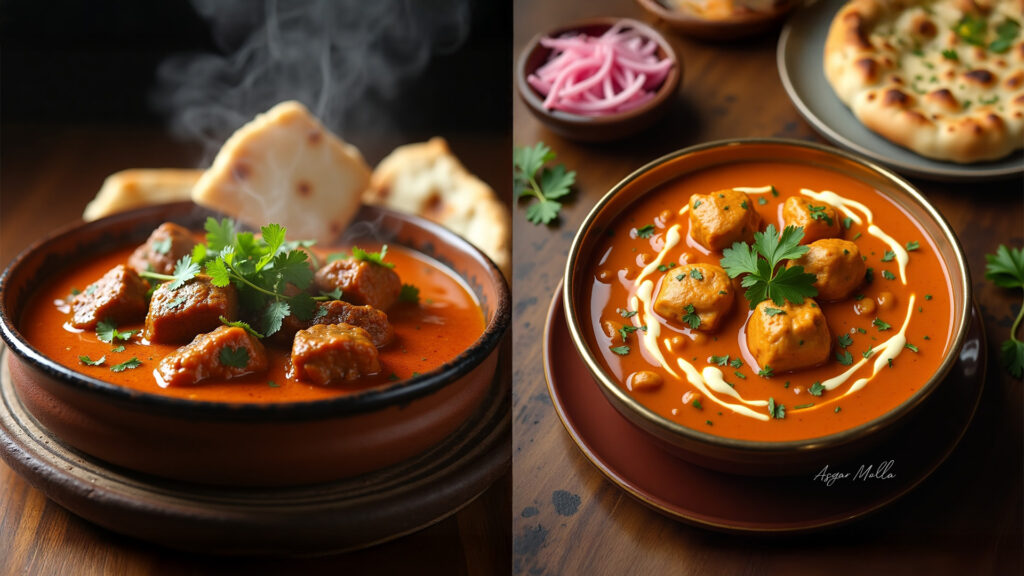 Hot and flavorful Indian curries — lamb curry and butter chicken — served in bowls with naan and pickled onions on the side.