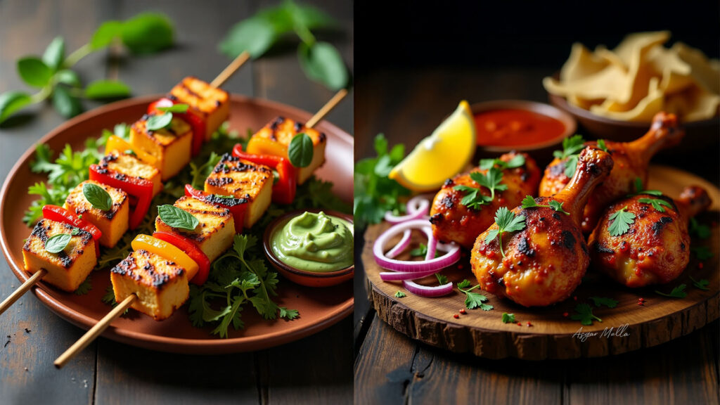 Grilled paneer tikka skewers with green chutney and spicy tandoori chicken drumsticks served with lemon and onions.