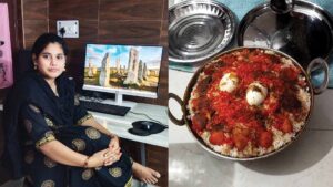 A woman in a black traditional outfit sitting at a desk beside a computer, paired with a homemade chicken biryani dish topped with boiled eggs and spiced rice.