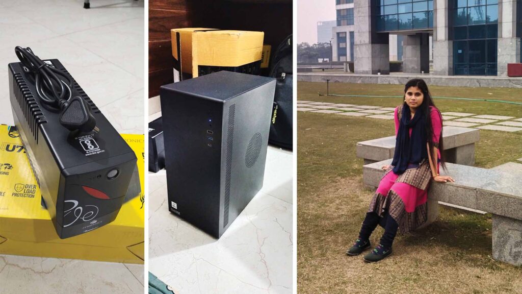 Collage showing a UPS unit, a desktop computer case, and a woman sitting on a stone bench in front of a modern building