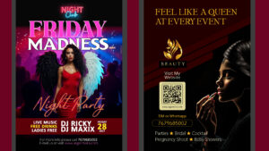 Two promotional flyers: one for a nightclub party, another for a beauty service.