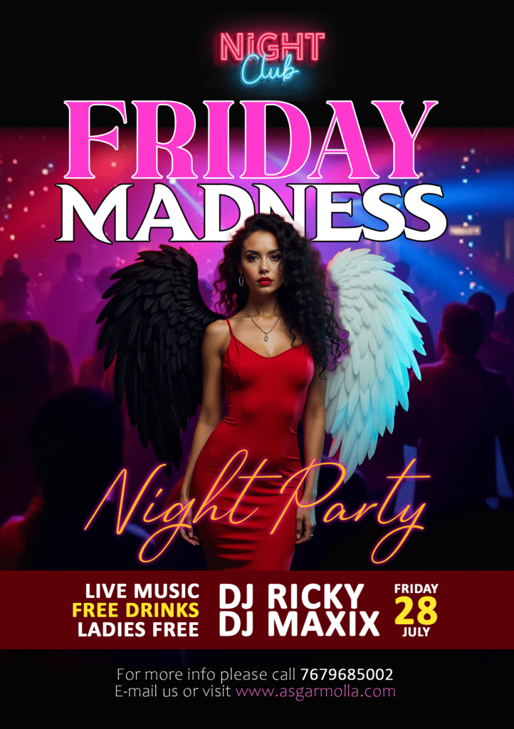 A vibrant nightclub party flyer featuring a woman with black and white wings, promoting "Friday Madness Night Party" with live music, free drinks, and DJs.