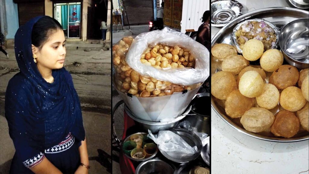 A woman waiting beside a Pani Puri stall in Gurugram, a vendor cart full of puris, and a close-up plate of Golgappa with stuffing and chutney