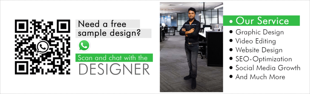 Freelance designer services flyer with photo, WhatsApp QR code, and service list including graphic design, video editing, and SEO.