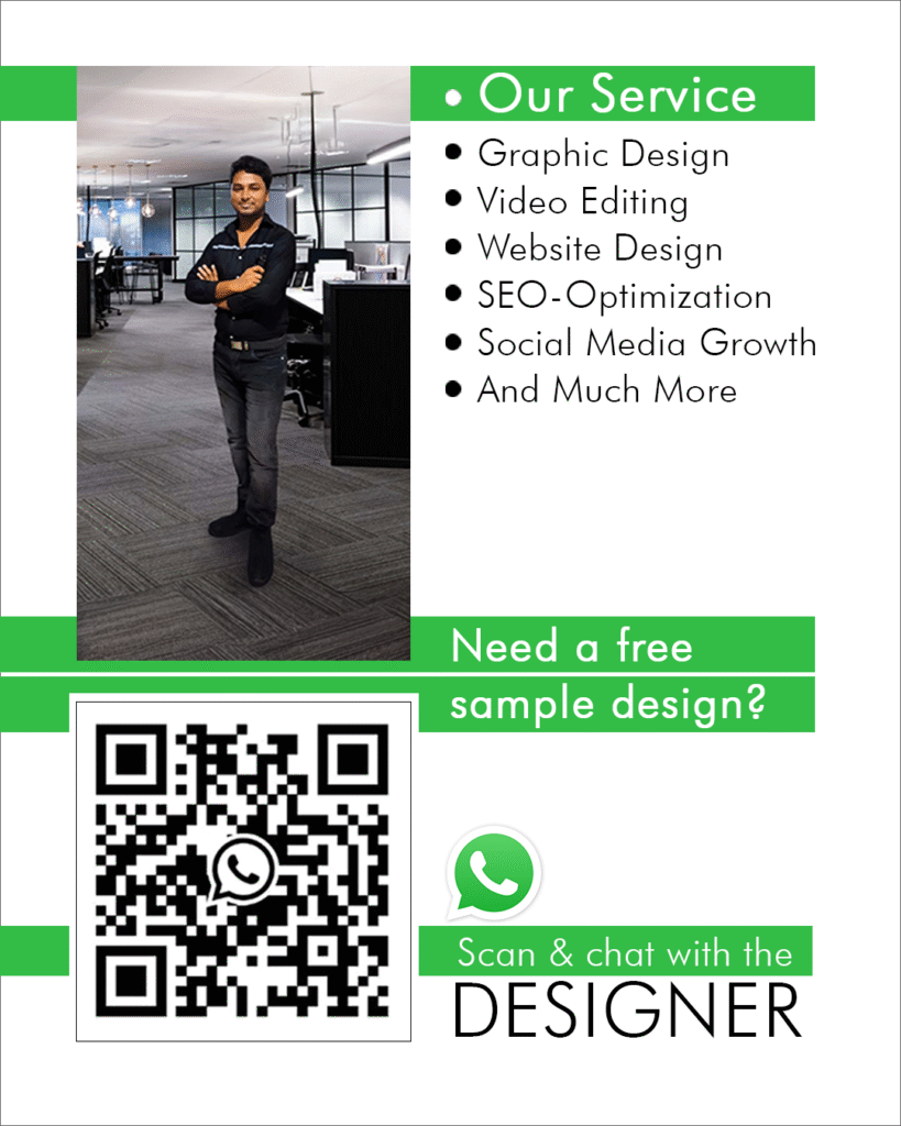 Freelance designer services flyer with photo, WhatsApp QR code, and service list including graphic design, video editing, and SEO.