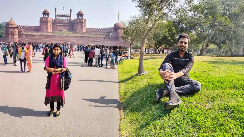 A split-image showing a woman standing in front of the Red Fort entrance with a crowd, and a man sitting peacefully on green grass under trees.