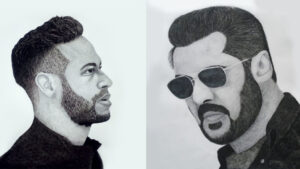 Realistic pencil portraits of two men drawn side by side