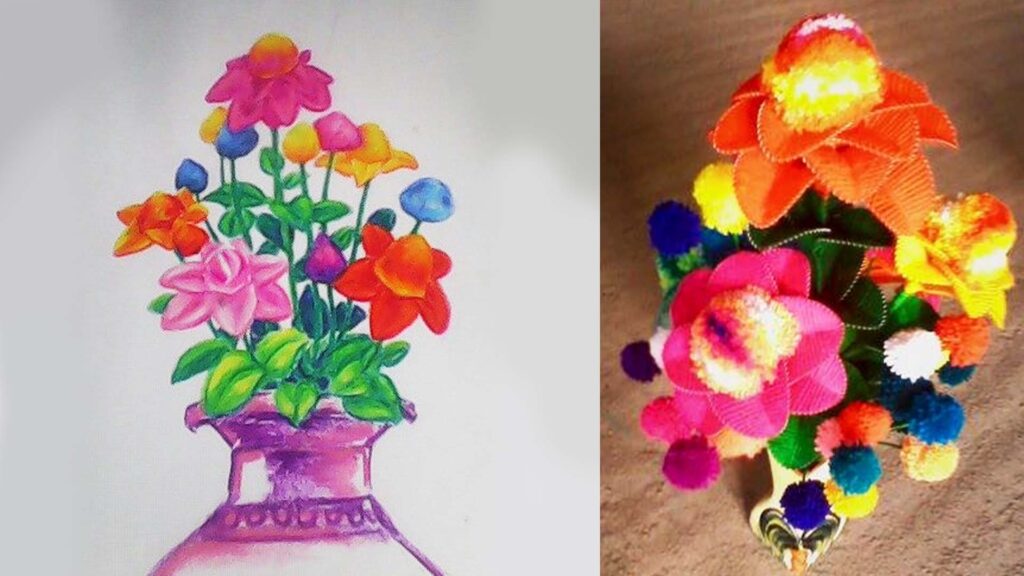 Side-by-side comparison of a watercolor painting of colorful flowers in a vase and a handmade wool flower arrangement.