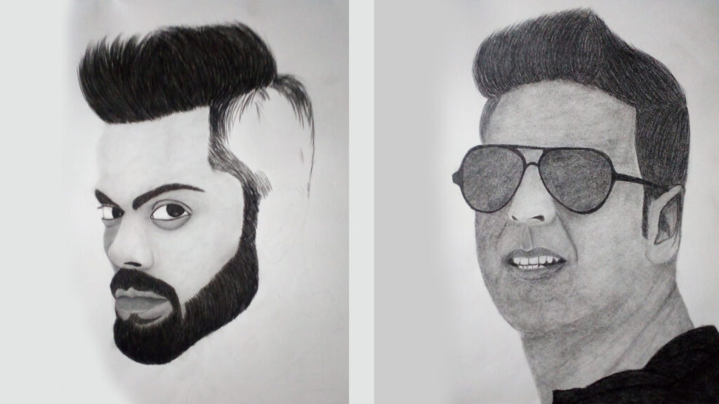Pencil sketches of Akshay Kumar wearing sunglasses and Virat Kohli with a beard and styled hair.