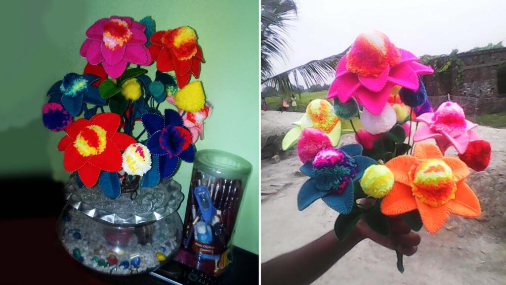 Colorful handmade woolen flowers crafted with GI wire, displayed indoors in a vase and held outdoors.