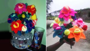 Colorful handmade woolen flowers crafted with GI wire, displayed indoors in a vase and held outdoors.