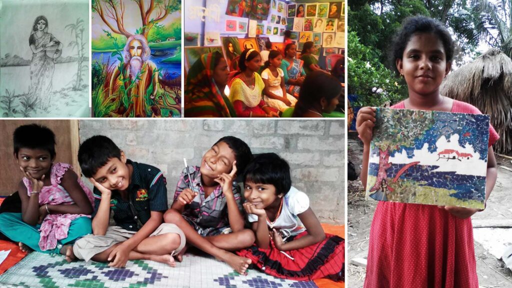 Collage of children engaging in art activities, including drawing, painting, and showcasing their artwork in a rural setting.
