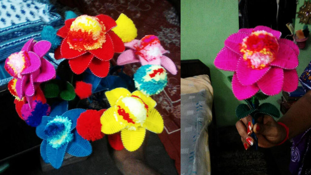 Handmade colorful wool flowers created with GI wire and yarn, arranged in a bouquet.