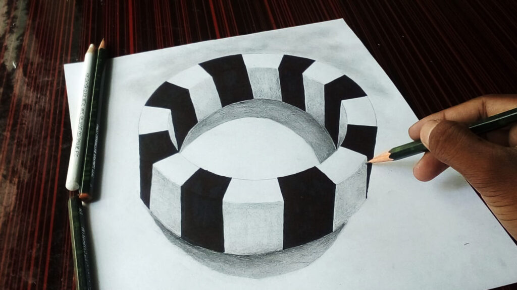 3D ring-shaped optical illusion drawing with pencil