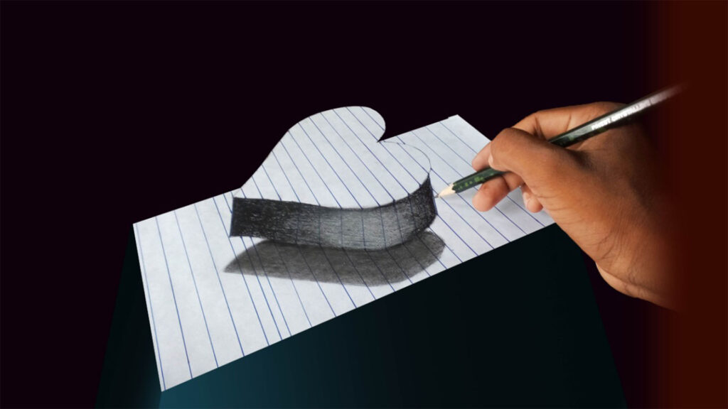 3D heart-shaped drawing illusion on lined paper