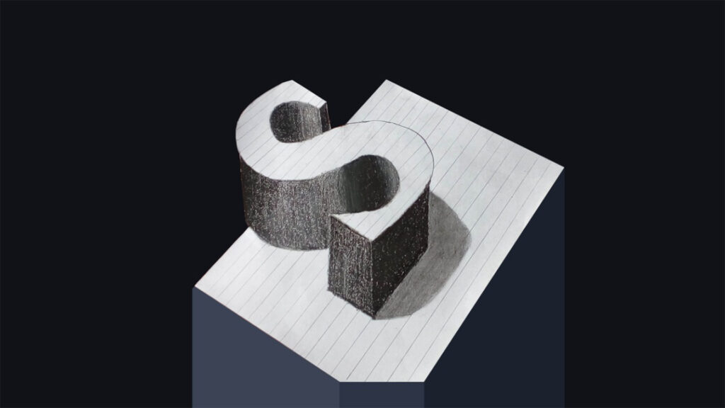 3D sketch of the letter S drawn on lined paper